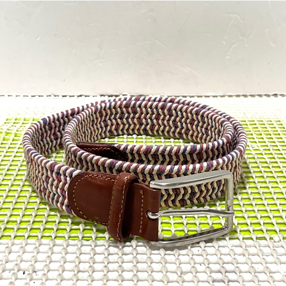 Peter Millar Braided Stretch Belt Mens 38 Red White Blue Woven Leather Italy